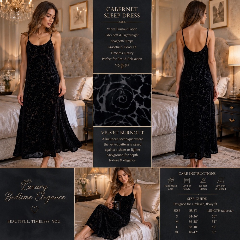 Cabernet Sexy Chic Black Velour Burnout Floral Maxi Sleep Dress Nightgown Large